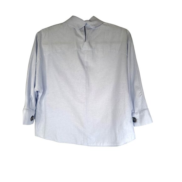 2/$30 Zara Basic Blue Blouse XS Long Sleeve Button Cuff Bow Tie Neck - Picture 3 of 14